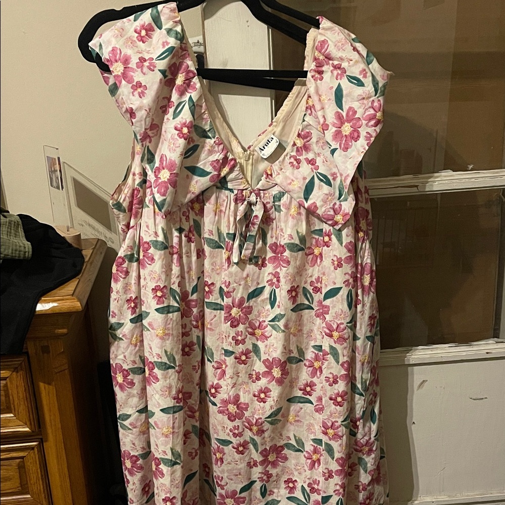 ARULA Pink Floral Mini Dress with Green Leaves